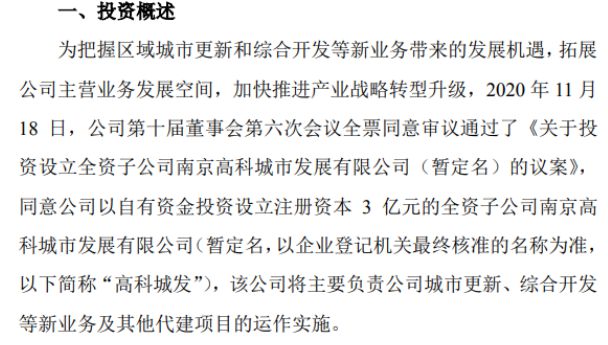 静安高科投资设立全资子公司 注册资本3亿元