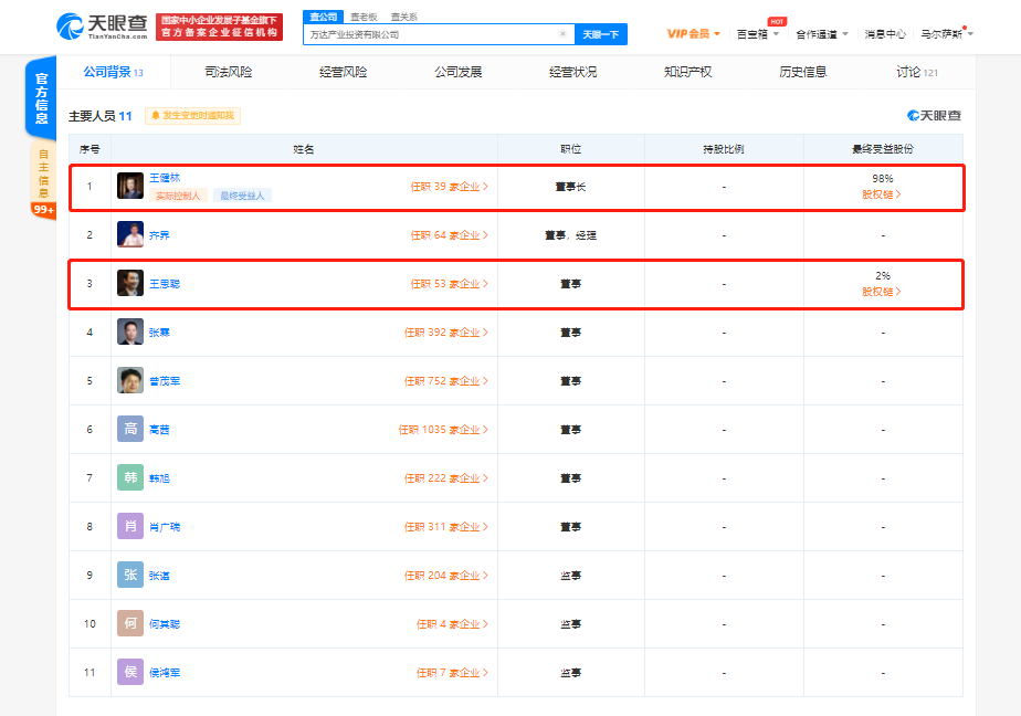 王健林、王思聪共同成立投资公司 杨浦注册资本一个小目标